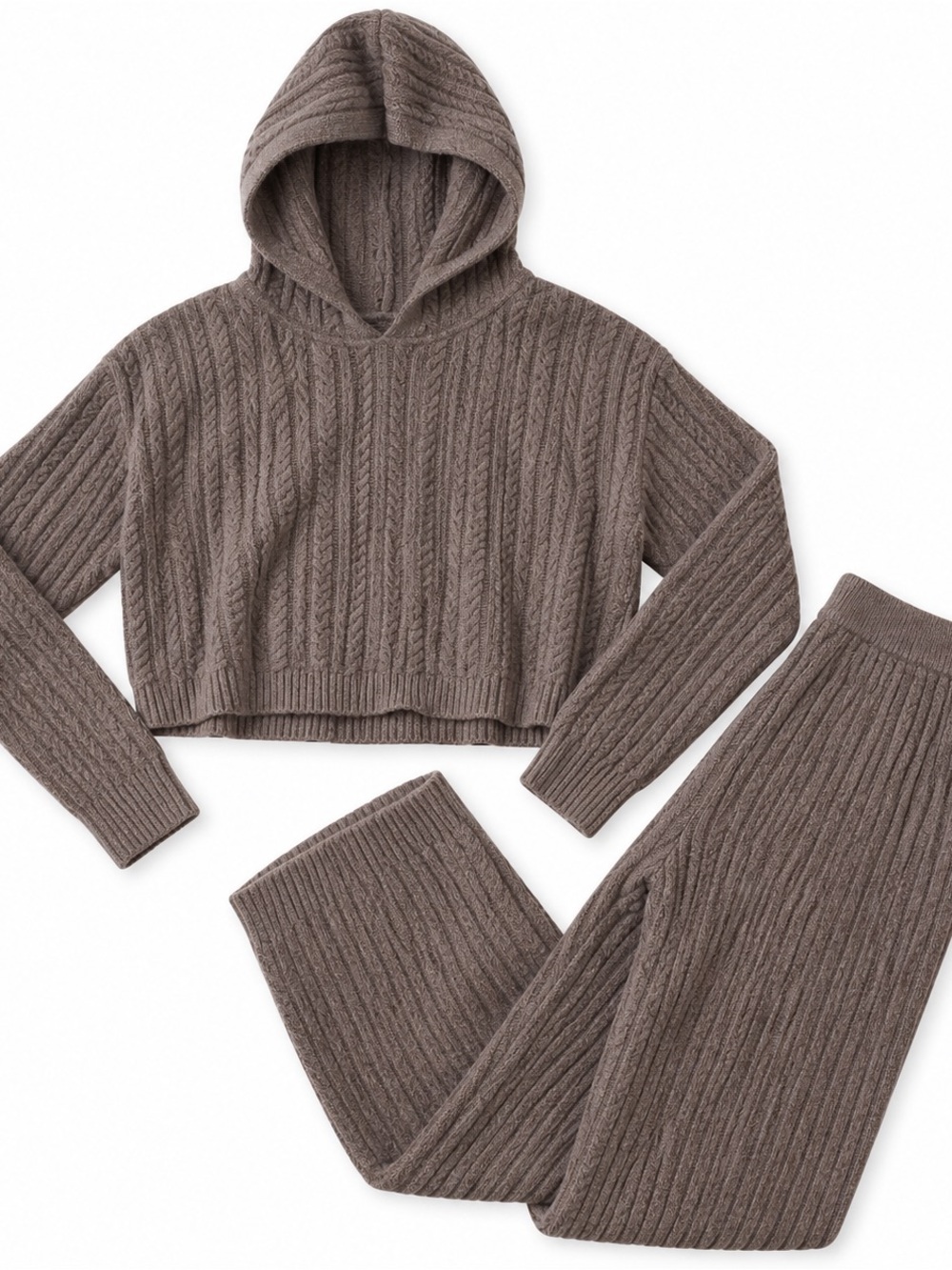 Express Ribbed Knit Cropped Hoodie & Joggers Set - Brown